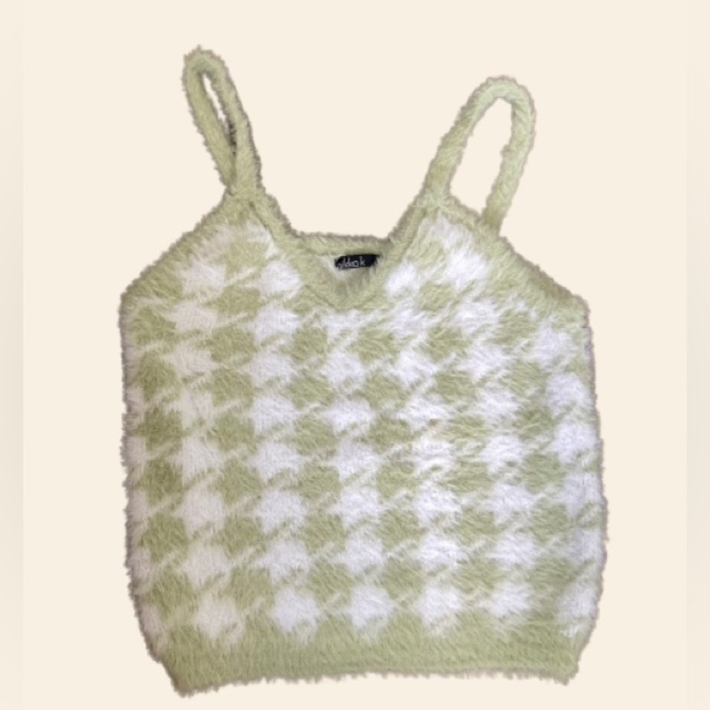 Nikka K Fuzzy Green Gingham Houndstooth Tank Top Womens Size M Y2K Retro